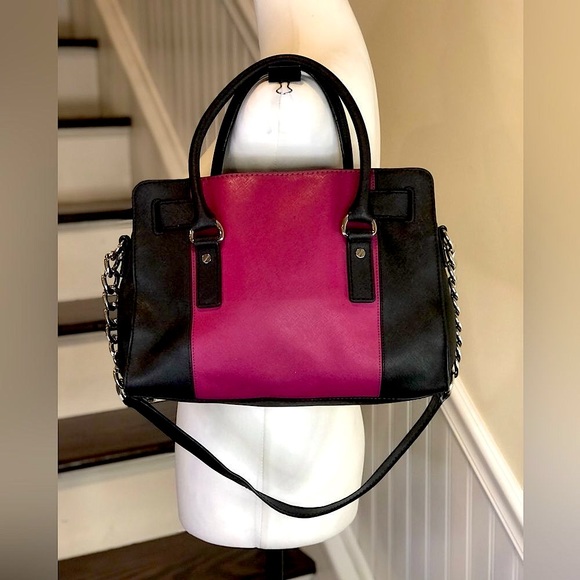 MICHAEL KORS Fuchsia & Black Saffiano Leather Satchel w Silver Chain Crossbody - Picture 3 of 17